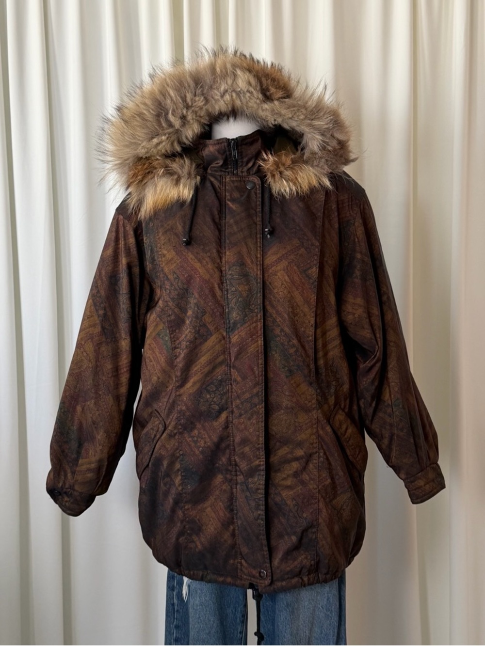 90s Vintage JOHN MEYER Paisley Earth Tone Puffer Parka Hooded Jacket Gorpcore